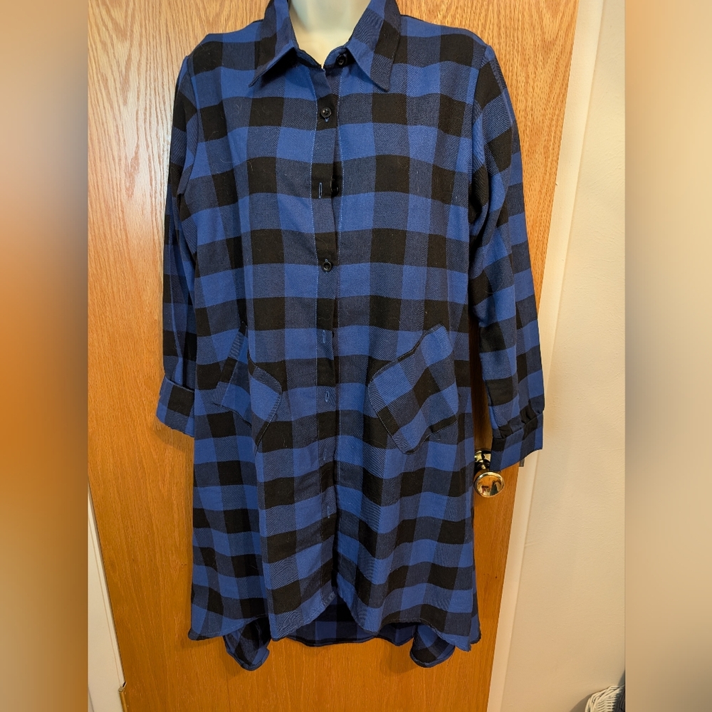 Blue & Black Buffalo Check High Low Shirt Dress Size L